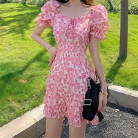 Pink Flower Ruffle Puff Sleeve Dress - Thumbnail 3