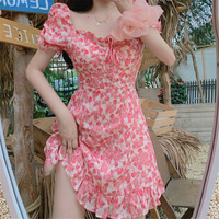 Pink Flower Ruffle Puff Sleeve Dress - Thumbnail 6