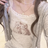 Cat Lace Trim Crop Top  - Thumbnail 1