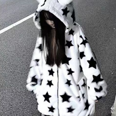 3d star ear print plush hood jacket 