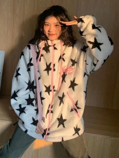 Star Print Pink Zipper Jacket