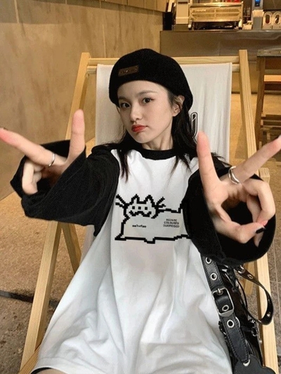 Cat Pixel Print Long Sleeve Shirt 