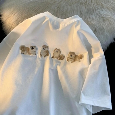 Funny Shiba Embroidery Short Sleeve T-shirt 