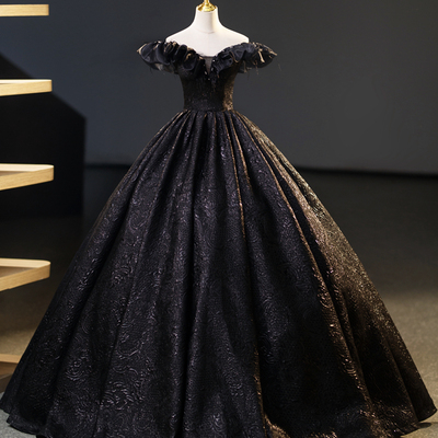 Black floor length off the shoulder ball gown dress - Thumbnail 2