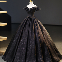 Black Floor Length Off the Shoulder Ball Gown Dress - Thumbnail 1