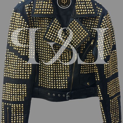 Crafted leather golden studded real leather jacket with heavy metal studs handmade customizable bikers jacket  - Thumbnail 4