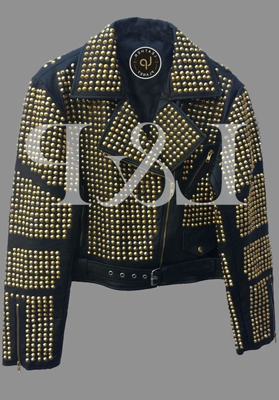 Crafted Leather Golden Studded Real Leather Jacket with Heavy Metal Studs Handmade Customizable Bikers Jacket 