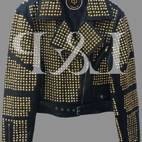 Crafted Leather Golden Studded Real Leather Jacket with Heavy Metal Studs Handmade Customizable Bikers Jacket  - Thumbnail 1
