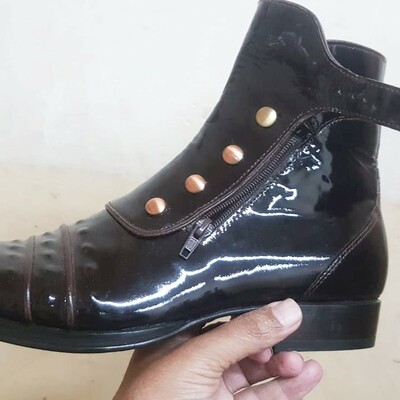 Jo ghost black patent leather ankle high jodhpur buckle boot with zipper and button - Thumbnail 4
