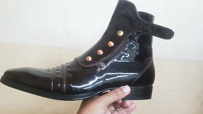 Jo Ghost Black Patent Leather Ankle High Jodhpur Buckle Boot with Zipper and Button