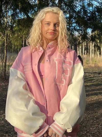Pink Embroidery Patchwork Varsity Jacket