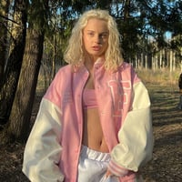 Pink Embroidery Patchwork Varsity Jacket - Thumbnail 1