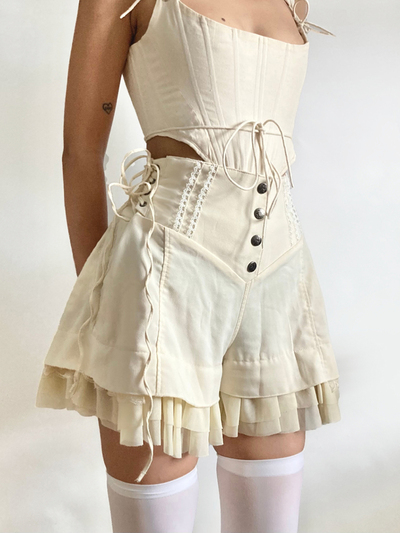 Beige Coquette Patchwork Tie Up High Waist Shorts