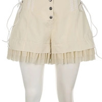 Beige Coquette Patchwork Tie Up High Waist Shorts - Thumbnail 4