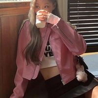 Pink PU Leather Retro Motorbike Jacket  - Thumbnail 2