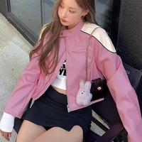 Pink PU Leather Retro Motorbike Jacket  - Thumbnail 5