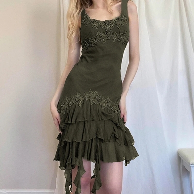 Green Ruffle Irregular Lace Dress 