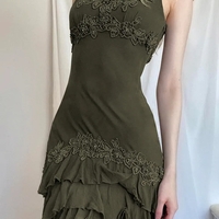 Green Ruffle Irregular Lace Dress  - Thumbnail 2