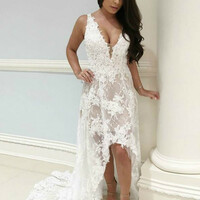 A-Line V-Neck High Low White Wedding Dress with Appliques，952 - Thumbnail 1