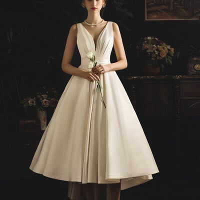Beige white satin v-neck hi lo backless short wedding dress with bow，951