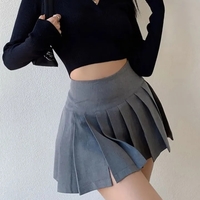 Grey Split Pleated Mini Skirt  - Thumbnail 2