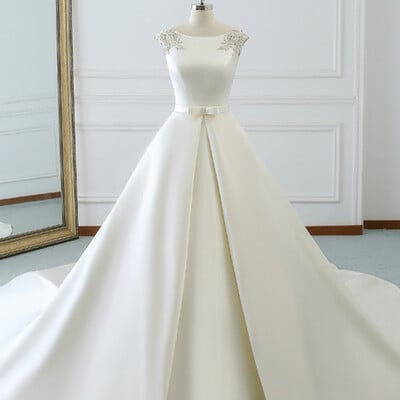 White satin cap sleeve backless wedding dress with pearls，953