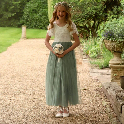 Sage green flower girl dresses lace floor length