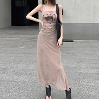 Cat Graphic Print Split Long Dress - Thumbnail 1