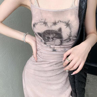 Cat Graphic Print Split Long Dress - Thumbnail 4