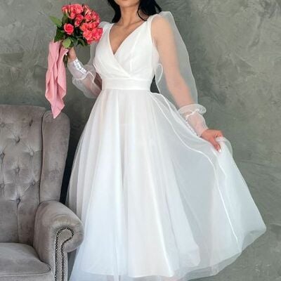 Simple tea-length long sleeve beach boho wedding dress bridal gown