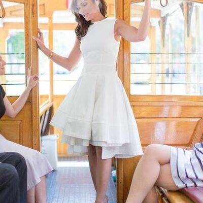 Simple tea-length sleeve beach boho wedding dress bridal gown