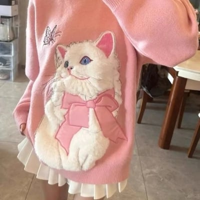 Fluffy cat print sweater 
