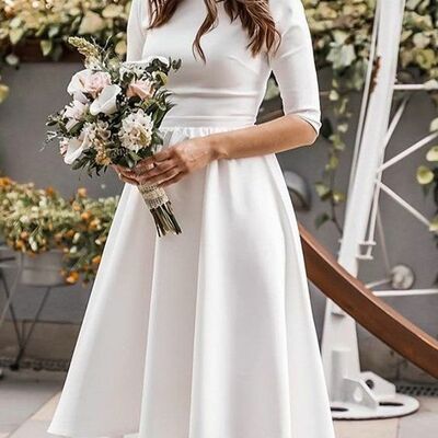 Simple short sleeve hilo tea-length beach boho wedding dress bridal gown