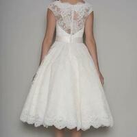 Tea-Length A-Line Cap Sleeve Square Neck Ribboned Lace Wedding Dress,956 - Thumbnail 1