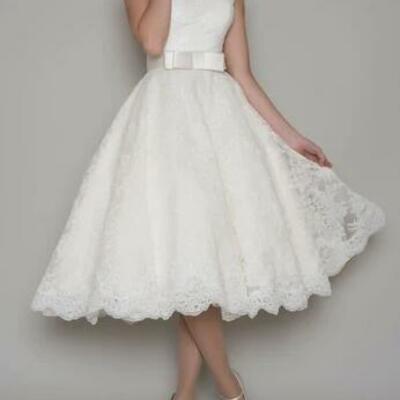Tea-length a-line cap sleeve square neck ribboned lace wedding dress,956 - Thumbnail 1