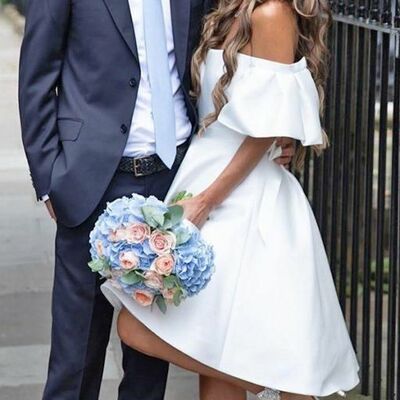 Simple short sleeve off the shoulder tea-length beach boho wedding dress bridal gown