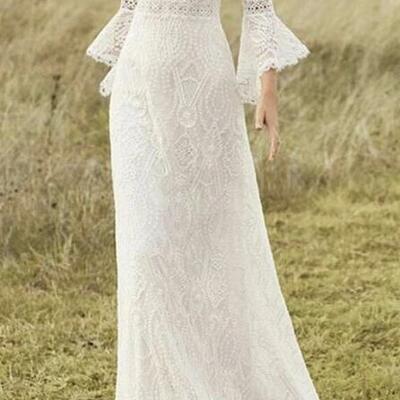Boho lace vintage sheath puff long sleeve flare white women wedding dress,957