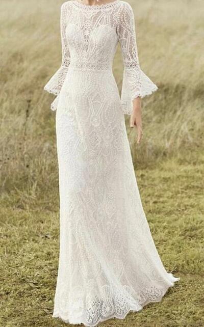 Boho Lace Vintage Sheath Puff Long Sleeve Flare White Women Wedding Dress,957