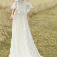 Boho Lace Vintage Sheath Puff Long Sleeve Flare White Women Wedding Dress,957 - Thumbnail 1