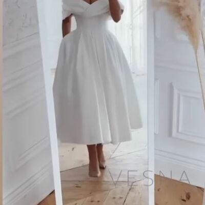 Simple off the shoulder tea-length beach boho wedding dress bridal gown