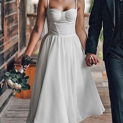 1950s simple spaghetti straps tea-length beach boho wedding dress bridal gown