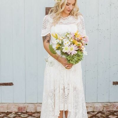Simple hi-lo lace beach boho wedding dress bridal gown