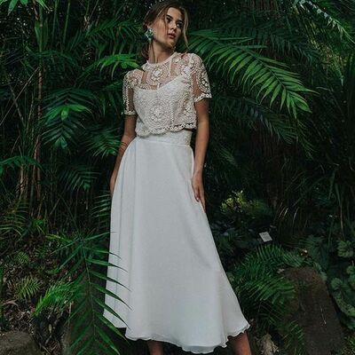 Two pieces lace tea-length beach boho wedding dress bridal gown