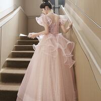 Lovely A Line Pink Tulle Sequins Long Prom Dresses - Thumbnail 1