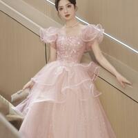Lovely A Line Pink Tulle Sequins Long Prom Dresses - Thumbnail 2
