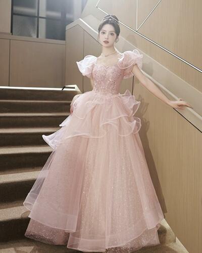 Lovely A Line Pink Tulle Sequins Long Prom Dresses