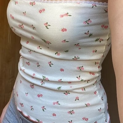 Pink floral lace frill tube top  - Thumbnail 1