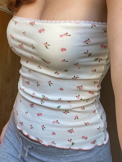 Pink Floral Lace Frill Tube Top 