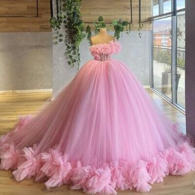 Elegant ball gown tiered ruffles women light pink tulle party dress  - Thumbnail 2