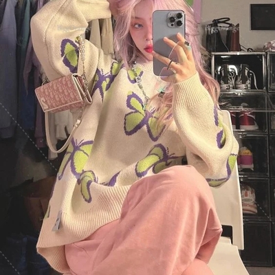Butterfly print loose sweater 